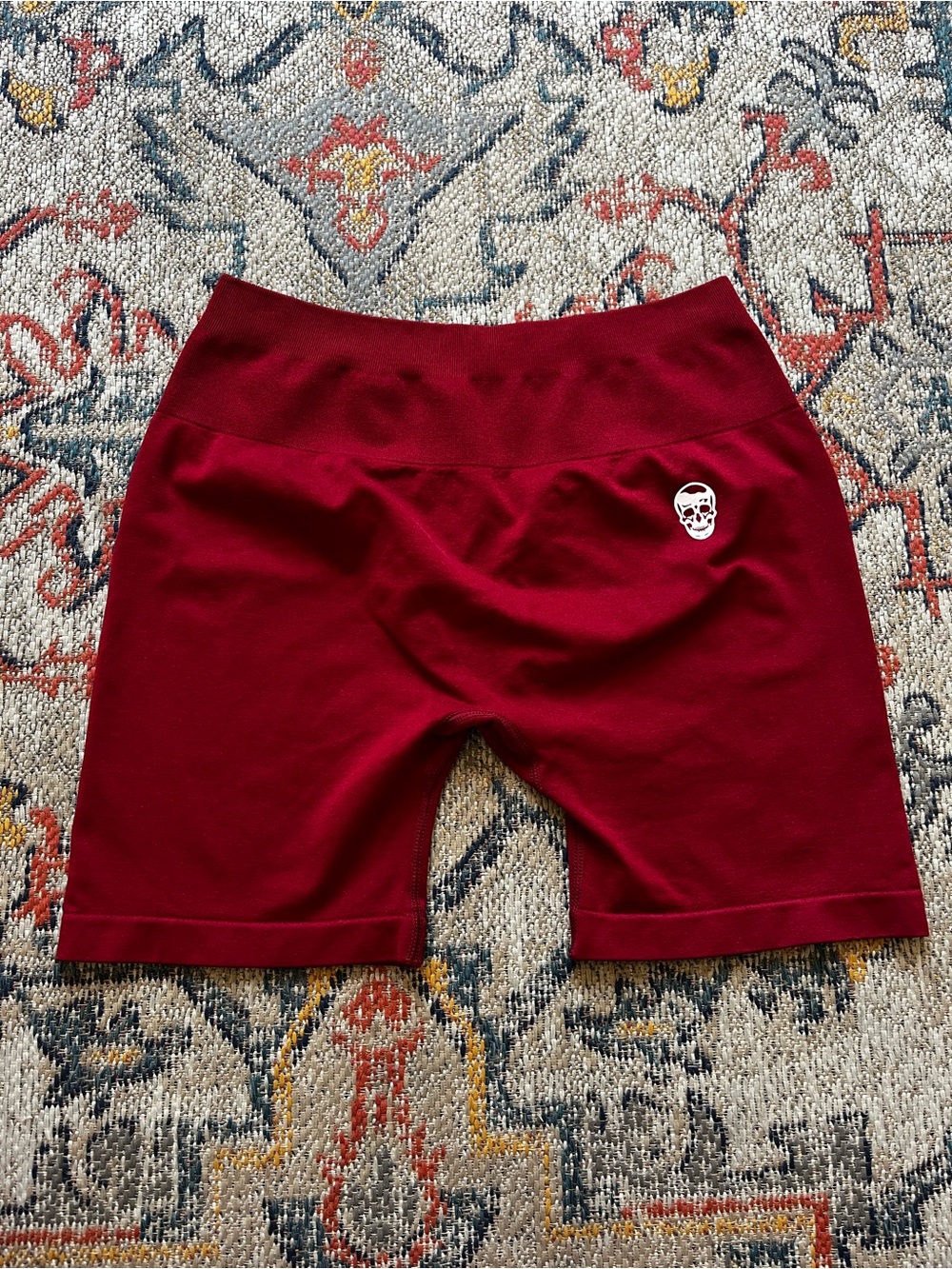 Gymreapers Burgundy Stretch Bike Shorts with Skull Accent Scrunch Bottom